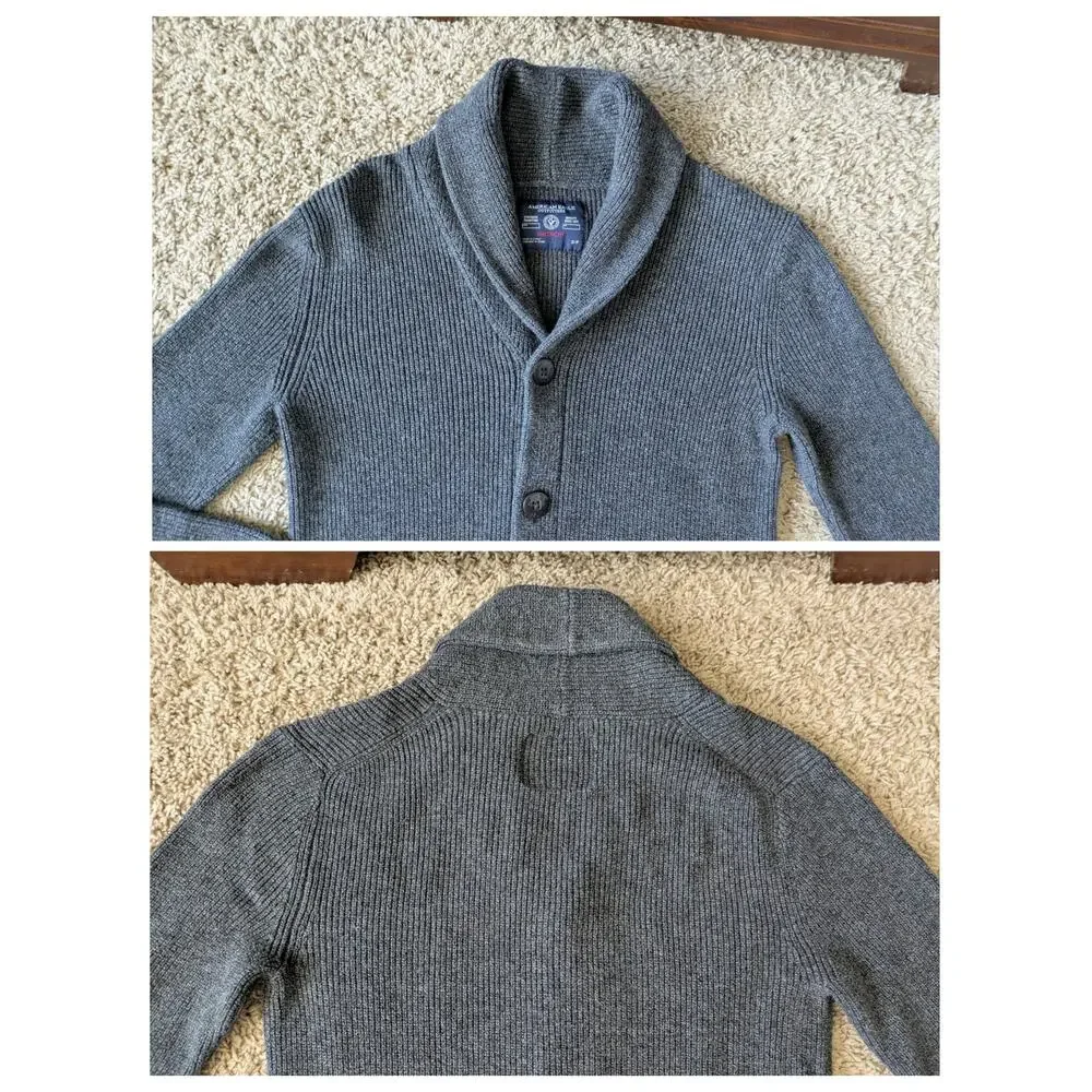 Y2K American Eagle Shawl Cardigan Men S Gray Grandpacore Ribbed Preppy Old Money